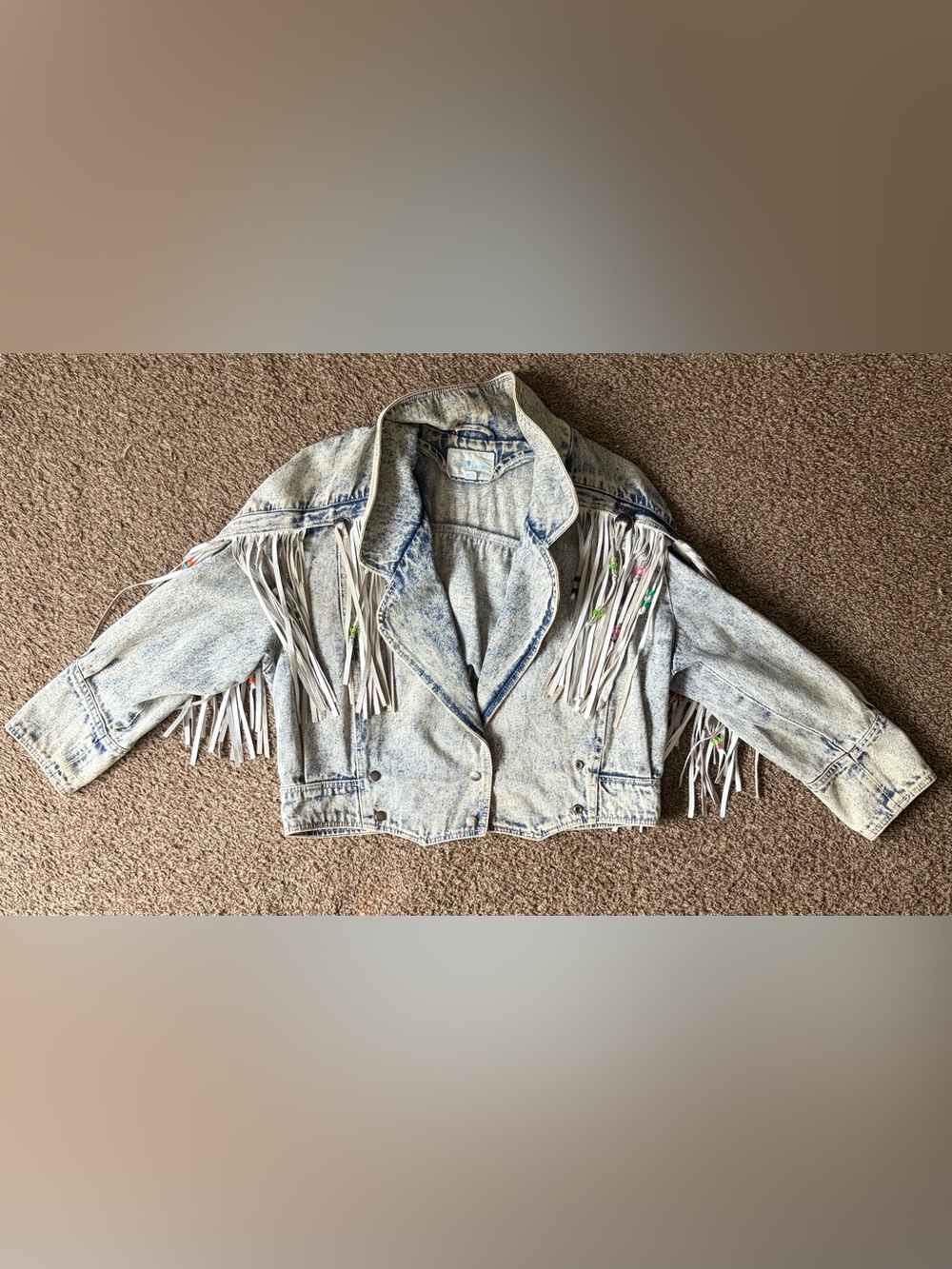 Vintage Sergio Valente Acid Wash Denim Jacket with Fringe and Beads - Light Blue